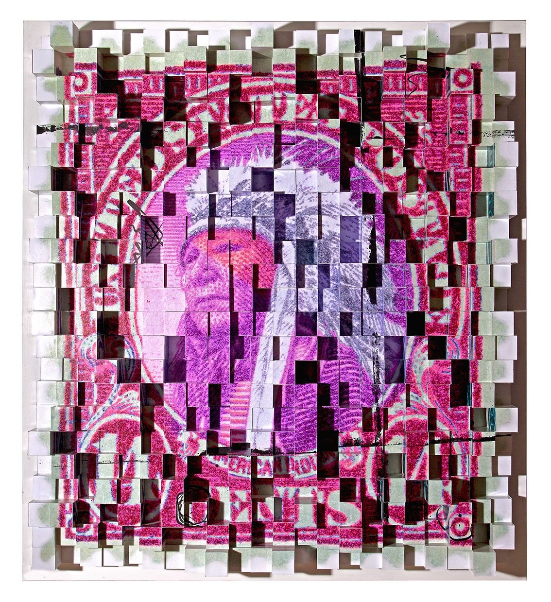 A Boy Names Sioux –Red –120cm x 108cm x 8cm –collaged inkjet printcollaged on studio sound crates mounted on board –2014_Piers Bourke