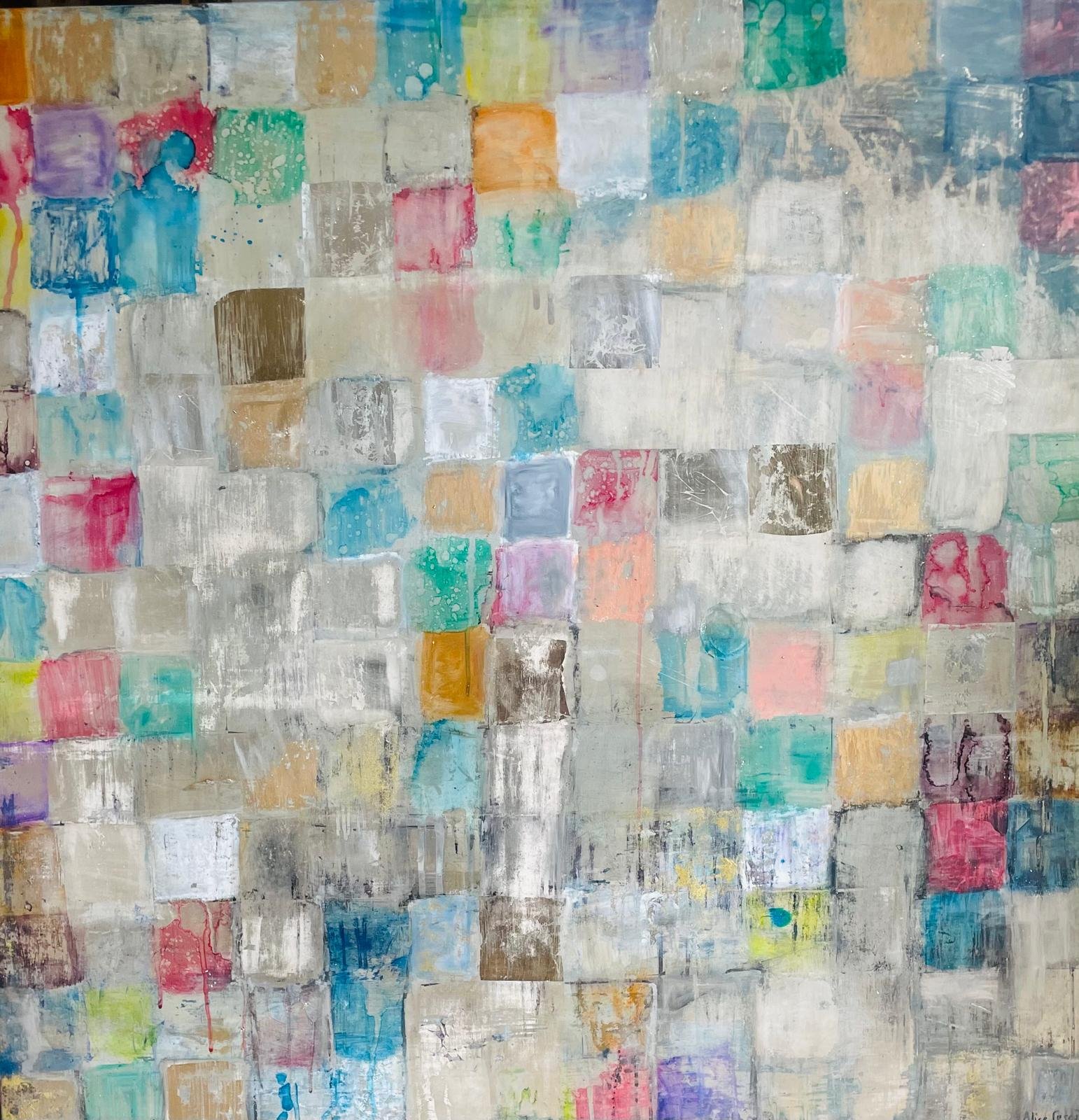 Family Playground 100x100cm, water gilded painting in silver leaf_Alice Cescatti